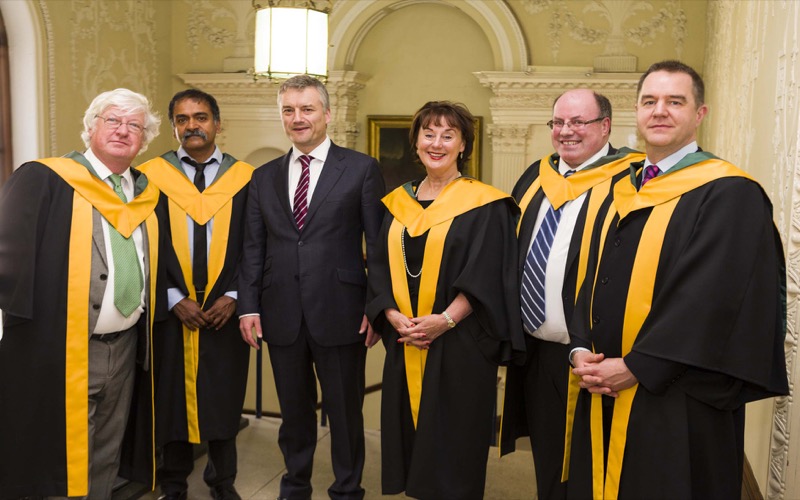 New Trinity RIA members, Ciaran Brady, Mani Ramaswami, Rose Anne Kenny, Padraic Fallon and Andrew Bowie with the Provost, Dr Patrick Prendergast 