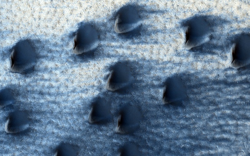 A (false colour) cluster of dome-shaped sand dunes located close to the North Polar ice cap on Mars. The dark streaks around the dunes result from the active transport of sand. The brighter (white) patches on the sheltered areas of the dunes are residual areas of the seasonal carbon dioxide ice that covers the dunes each Martian winter. Linear and polygonal shapes on the residual ice are cracks in the ice surface. These dunes are active and migrate downwind 1-2 m every Mars year.