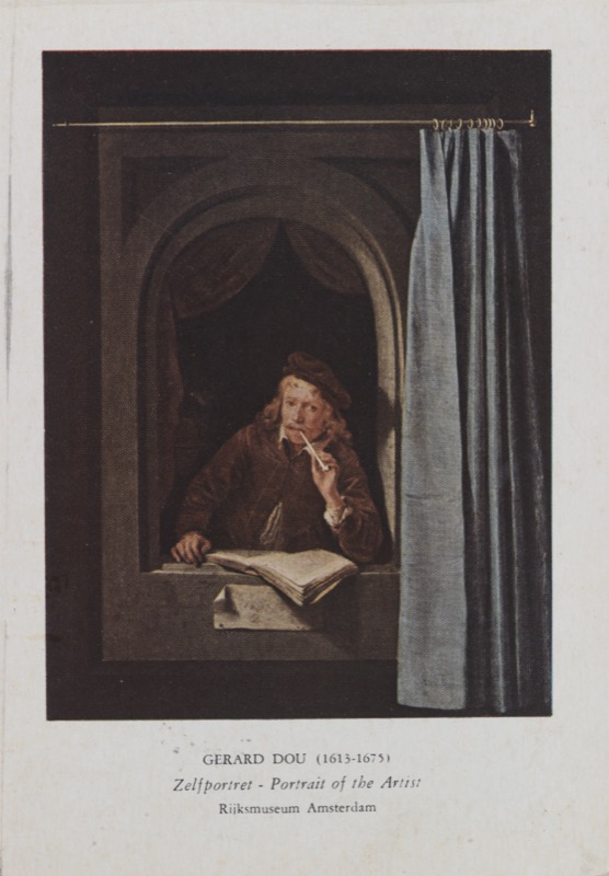 Ussy, 3 Aug 1955, [self-portrait by Gerard Dou]. "Thanks for your nice card. I have a bad feeling about London. But that’s the least of my worries. Best wishes, Sam." 