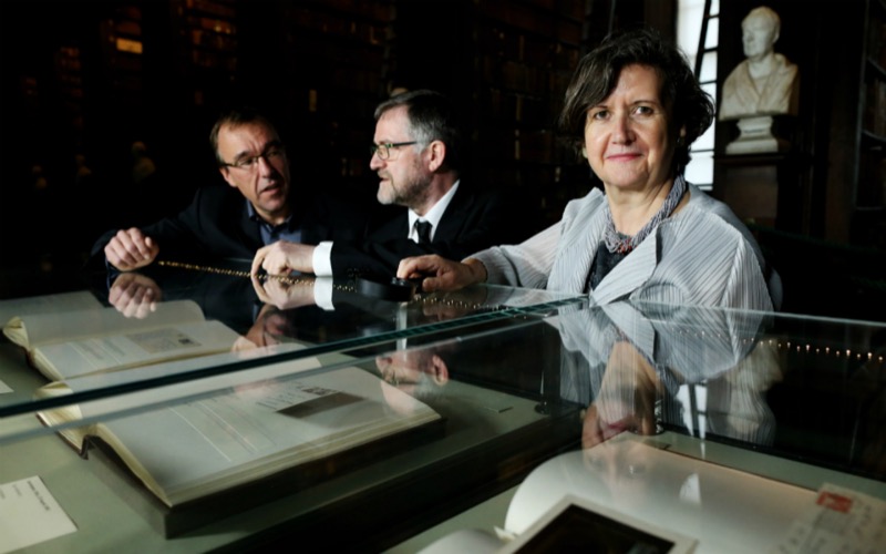 Pictured with some of the material of the acquisition are Seamus Heaney Professor in Irish Writing, Chris Morash,  Keeper of Manuscripts, Bernard Meehan, and College Librarian and Archivist, Helen Shenton.