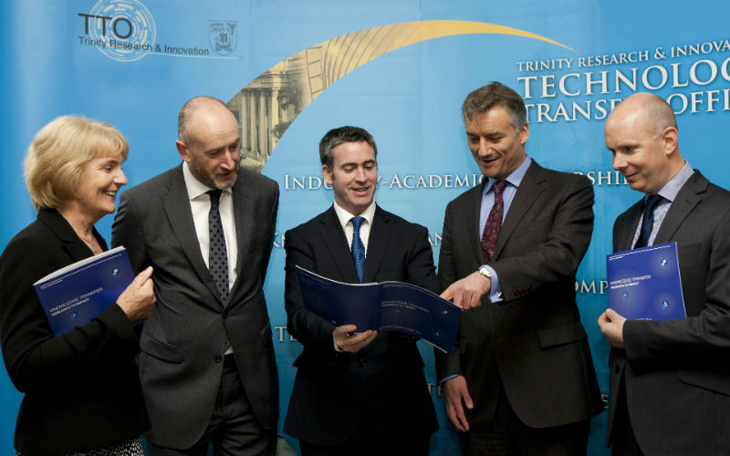Pictured from L-R: Dr Margaret Woods, Technology Transfer Manager, Trinity Research & Innovation; Dean of Research, Trinity, Professor Vinny Cahill, Minister for Skills Research and Innovation, Damien English; Provost, Dr Patrick Prendergast; Director of Trinity Research & Innovation, Dr Diarmuid O'Brien.