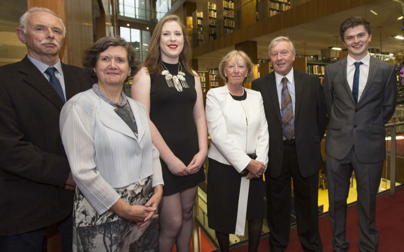 Pictured at the ceremony were (L-R): Head of the School of Engineering, Professor Brian Foley, The Librarian and College Archivist, Helen Shenton, Education Officer, Katie Byrne, Chief Executive of Jones Engineering Group, Eric Kinsella, and his wife Barbara and Students' Union President, Domhnall McGlacken-Byrne