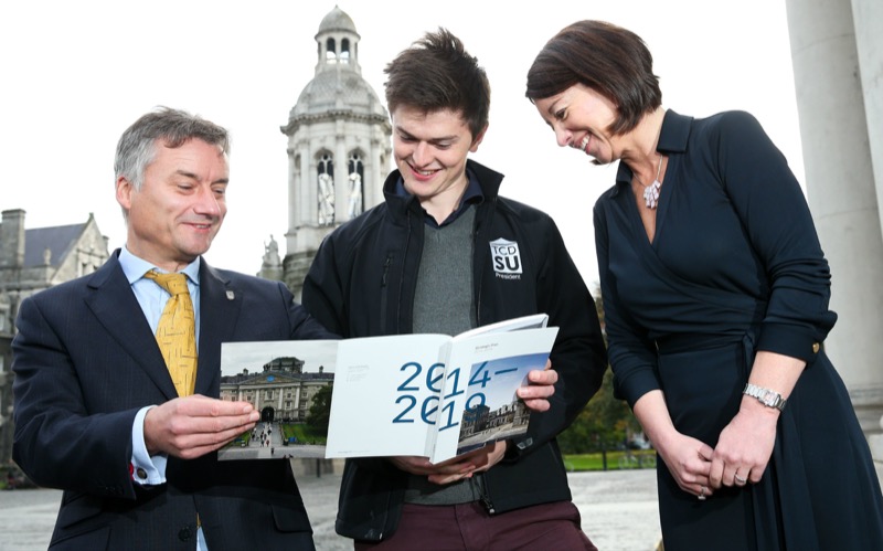 Trinity Provost, Dr Patrick Prendergast, Students' Union President, Domhnall McGlacken-Byrne, and Deputy President, Professor Linda Hogan, with copies of the new Strategic Plan on Front Square.