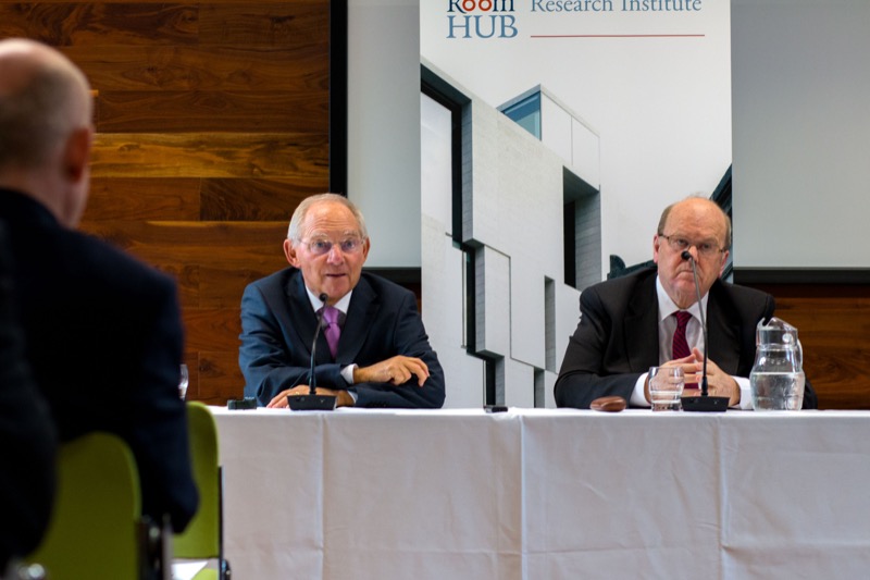 Minister Wolfgang Schäuble and Minister Michael Noonan, T.D. taking part in a special Moderated Discussion to mark the Finance Ministers' visit to Trinity College