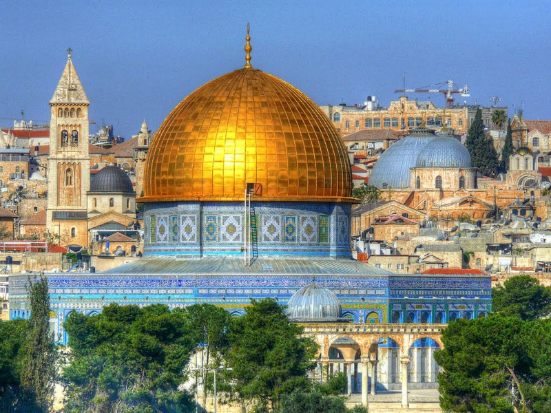 The Dome of the Rock is a shrine located on the Temple Mount in the Old City of Jerusalem