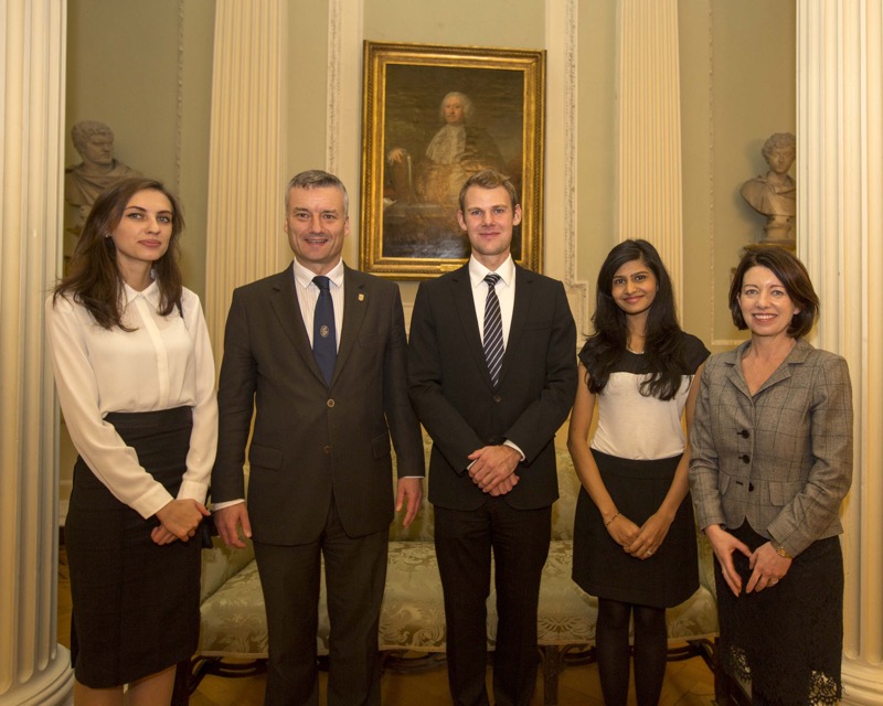 Grattan Scholars Margaryta Klymak, Yannick Timmer and Purnima Kanther with the Provost, Dr Patrick Prendergast and Vice-Provost / Chief Academic Officer, Prof Linda Hogan 