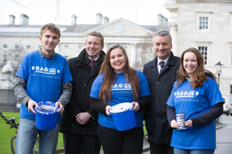 At the launch were Students Union Ents Officer, Finn Murphy; Trinity Foundation Board member, Fergal Naughton; Provost, Dr Patrick Prendergast; and Co-chairs of Trinity Voluntering, Sarah McAvinchey and Tara O'Broin