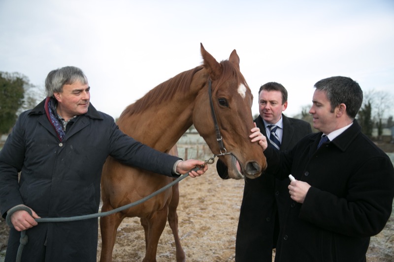 Pictured at the stables of thoroughbred  'Annagh Haven' in Oristown, Co Meath, from left, is Laurence Mulvany owner of the  filly 'Annagh Haven', Prof. Fergal O'Brien, Deputy Director of AMBER and Head of the Tissue Engineering Research Group in RCSI, and Minister for Jobs, Enterprise and Innovation Damien English T.D.