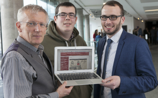 Professor Brendan Tangney, the Academic Director of  Bridge 21, with transition year student Philip Murray and history teacher Eoin Houlihan