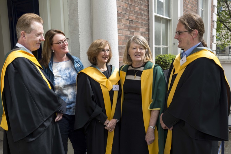 The new Trinity members Prof David Coleman, Prof Orla Hardiman and Prof Jonathan Nesbit Coleman are congratulated by Prof Mary E Daly, President of the Royal Irish Academy (second from right), and Prof Ruth Byrne, Professor of Cognitive Science at Trinity College Dublin (second from left).