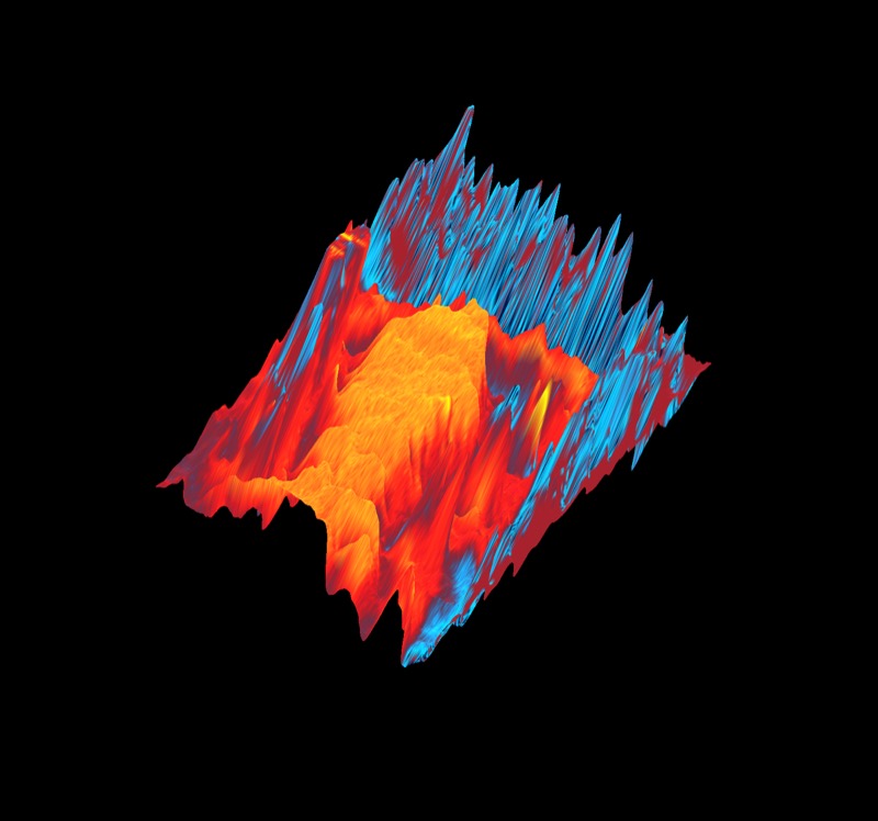 Laser compositional image of a crystal in 3D. Different crystal zones appear in different colours.