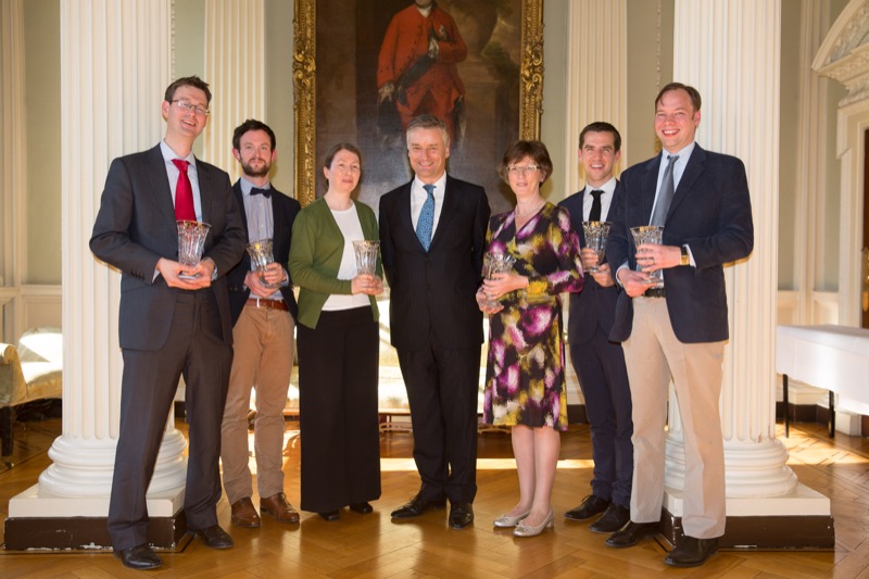 The Provost, Dr Patrick Prendergast, centre, congratulates recipients of the 2015 Provost’s Teaching Awards, from left, Dr Ciaran Simms, Dr Ciaran O'Neill, Ms Sheila Ryder, Ms Cicely Roche, Mr David Kenny and Dr Daniel Geary