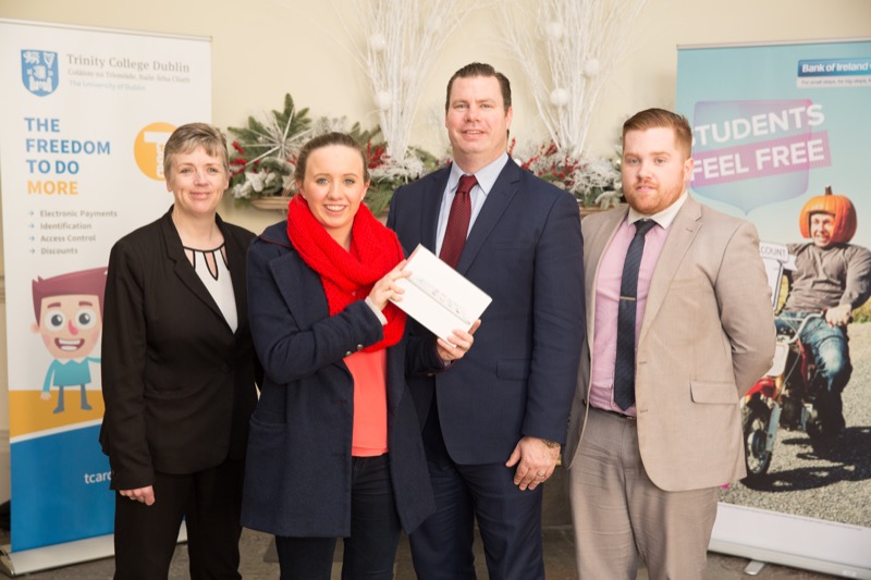 Trinity Catering Manager, Moira O'Brien, Winner, Mairead Ni Cheallaigh, Danny Ballard , T card administrator and Ronan McCoy , Bank of Ireland, Trinity Branch Manager 