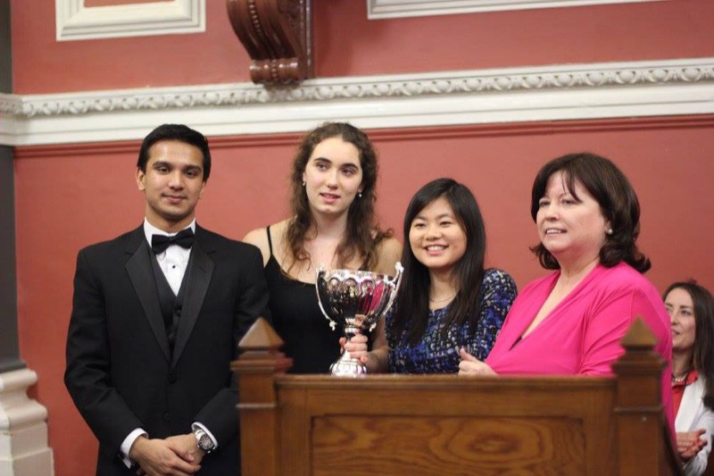 Presentation of the Vinay Nair trophy to the winning Harvard team by Trinity graduate and former Tánaiste, Ms Mary Harney (Photograph- Huda Awan)