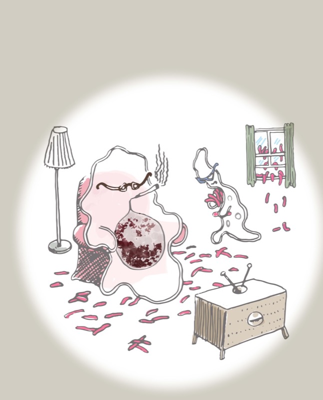 Image (inspired by the Far Side) shows where TB bacilli accumulate near a 'couch-potato' smoker macrophage while a normal macrophage in the background is picking up infected TB bacteria. Credit: Kevin Takaki, Paul Margiotta.