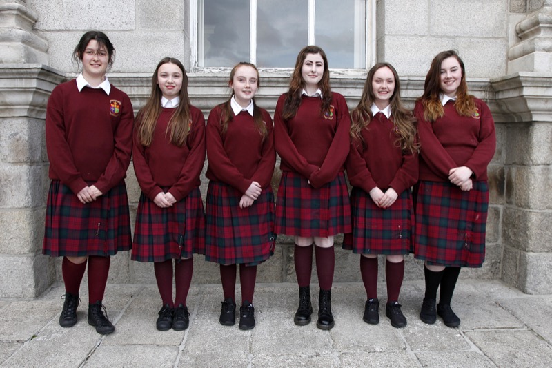 Above: students from Mercy Secondary School, Goldenbridge. Main image: Leah Woods and Jade Clarke from St Joseph's Secondary School, Rush, with Lynn Ruane  