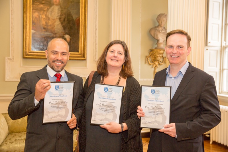 Global Engagement Certificate of Excellence recipients Professor Fabio Boylan, Professor Rosemary Byrne and Professor Nigel Stevenson.