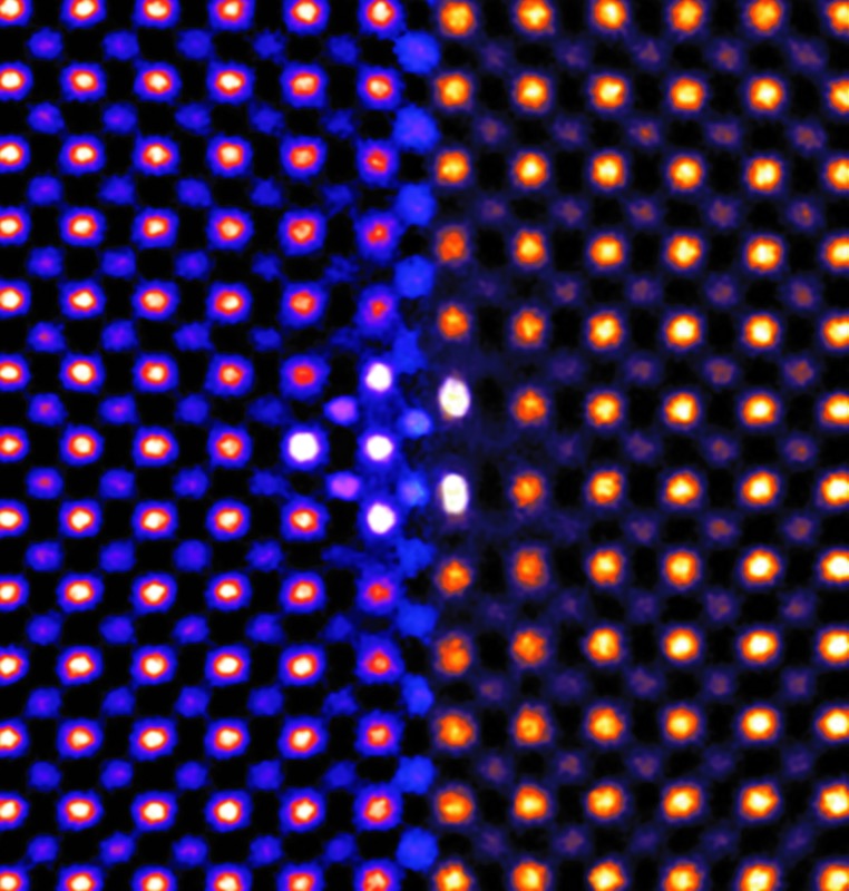 Colorised transmission electron microscopy of ceria ultrathin film reveals that individual atoms shown as dots shift under intense pressure. Image credit: Sang Chui Lee.