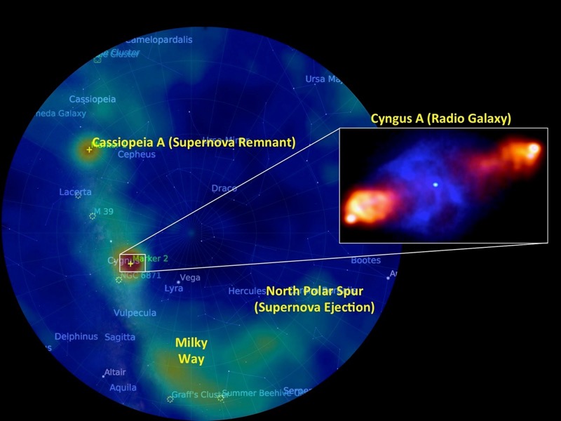 First light images of the Milky Way and a number of bright astronomical objects observed by the Irish LOFAR radio telescope. The zoom in shows a picture of the Cygnus A galaxy observed using the International LOFAR Telescope network, which Ireland is now a part of. 