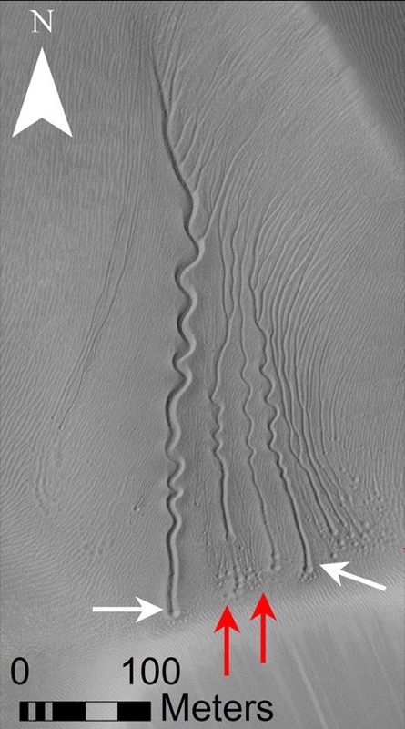 Linear gullies on a dune in Matara Crater, Mars, Red and white arrows point to pits. Image credit: NASA/JPL/University of Arizona
