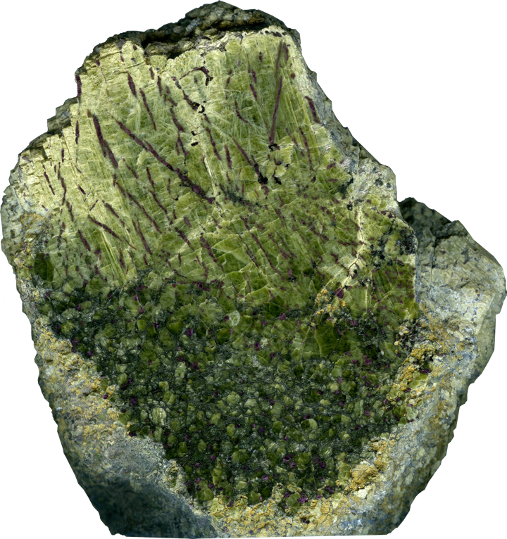 Large, exceptionally preserved orthopyroxene crystal containing garnet lamellae in a peridotite xenolith from the Kaapvaal craton (southern Africa). Image credit: Mags Duncan.