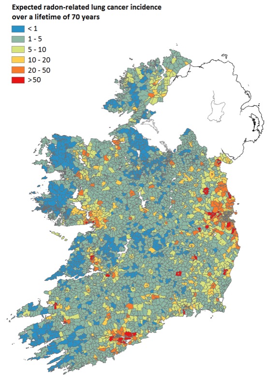 The expected number of radon-related lung cancers for people living in each Electoral Division over a lifetime of 70 years.